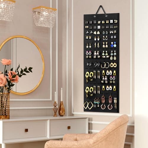 Lolalet Hanging Earring Holder Organizer with 20 Hooks for Women, Earring Organizer Wall Earrings Hanger Pierced Earring Storage, Felt Stud Earring Display, 608 Holes for Earrings - Black, 1 Pack 3