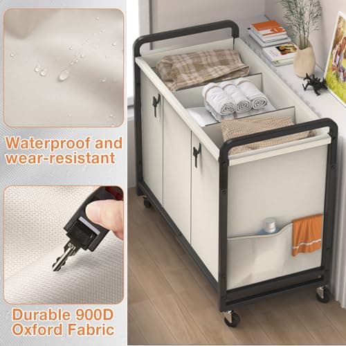 60 Gal (230L) Laundry Sorter 3 Section with Lid, Laundry Hamper Cart with Heavy Duty Rolling Lockable Wheels and Metal Handle,Laundry Basket Organizer with Removable Bag for Laundry Room - White 3