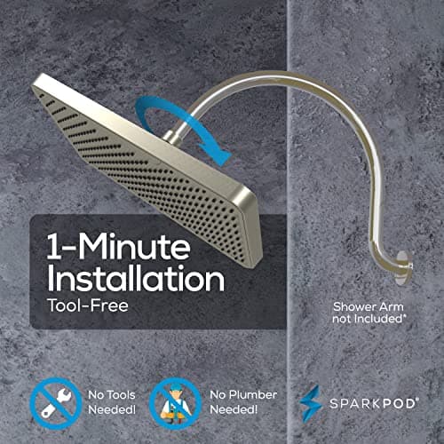 SparkPod 12 Inch Rectangle Rain Shower Head - Ceiling or Wall Mount Rainfall Shower Head - Large Coverage Showerhead - Brass Ball Joint with 360° Adjustment - 1-Min Install (Elegant Brushed Nickel) 5