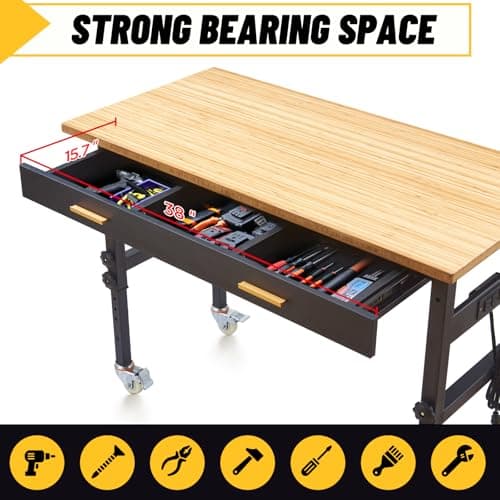 60" Work Bench with Drawers Storage,Workbench with Brake Wheels, Rubber Wood Work Table for Garage, Office, Workshop, Home 6