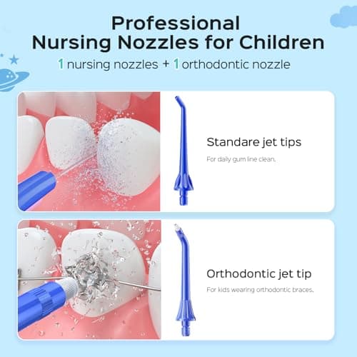 COSLUS C31 Kids Water Dental Flosser Deep Cleaning Picks Portable 4 Modes for Ages 6+ Safe Waterproof Rechargeable with 2 Jet Tips for Gums Care Red Blue 5