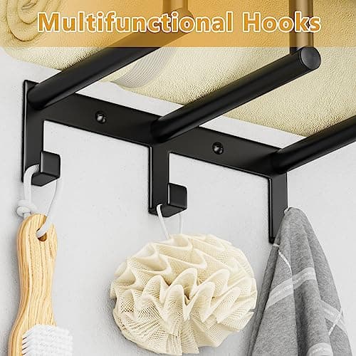 OVICAR Towel Racks for Bathroom - Wall Mounted Towel Rack with Metal Shelf & 3 Hooks, Wall Towel Holder for Small Bathroom, Bath Towel Storage for Large Rolled Towels Organizer, Black 5