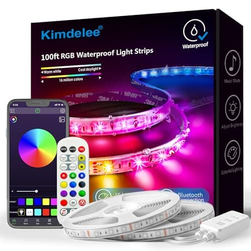 Kimdelee 100ft 66ft 33ft Waterproof Led Light Strips, 12v RGB Outdoor Strip Lights Color Changing 5050 with Bluetooth Music Sync App Remote Controller, Rope (100ft)