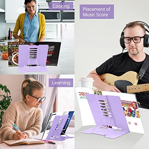 Honagu Metal Desk Book Holder, Hands Free Adjustable Cookbook & Document Holder, Portable Bookstand for Music Books, Textbooks, Recipes, Tablets & iPads (Purple) 9