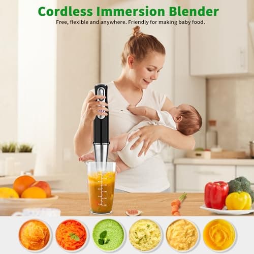Cordless Immersion Blender Handheld, Rechargeable 4 In 1 Electric Hand Blender Stick Blender Variable Speed with Chopper, Beaker, Whisk, Stainless Steel Blade for Soup, Baby Food, Smoothies 9