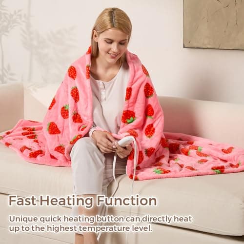 Electric Blanket Heated Throw, Soft Flannel & Sherpa Heating Blanket Throw with 6 Heating Levels & 12hrs Auto Off, Machine Washable, ETL Certified, Home Office Use, 50x60 Inch, Strawberry Red 5