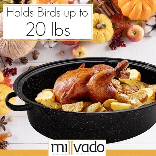 Millvado Roasting Pan With Lid, Thanksgiving Turkey Roaster Pan, Extra Large 20 lb Capacity, 19" Granite Oven Roaster Oval Shaped Speckled Enamel on Steel Cookware,for Roasting Turkey, Chicken, Lamb 3