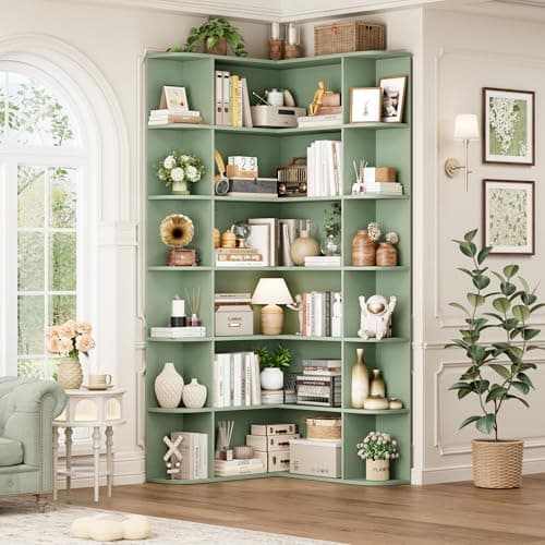 FOTOSOK 74” Tall Corner Bookshelf, 6-Tier Bookshelf and Bookcase with Open Storage, Tall Bookcases Wooden Storage Shelves for Home Office, Thickened Boards for Better Load Bearing, Green