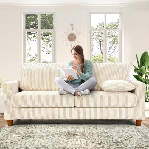 70in Corduroy Couch, Kidirect Sofa No Tool Assembly, Comfy Couches for Living Room 21in Deeper Seats, Corduroy Sofas for Living Room with 2 Pillows, Oversized Loveseat Sofa, Boho Love Seat Beige Couch