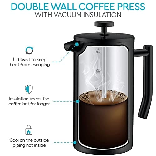 Belwares French Press Coffee Maker 34 Oz - Insulated Coffee Press Stainless Steel 304 - Double Wall & 4 Level Filtration System (1 Liter) - Black 4