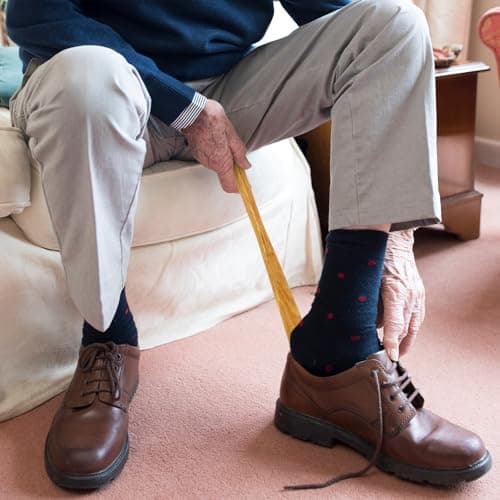 GLEAVI 2 Pack Wood Shoe Horn Set, Long Handle Boot Helper for Seniors, Portable Travel Shoe Spoon, Solid Wooden Lifter with Hanging Loop (15.7" & 6.3") 5