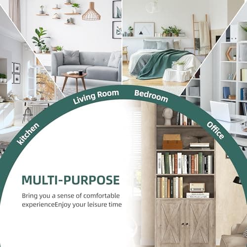 Shintenchi Bookshelf, Industrial Bookshelves and Bookcases with Doors Floor Standing 6 Shelf Display Storage Shelves 70.6 inches Tall Bookcase for Home Office, Living Room (Grey) 8