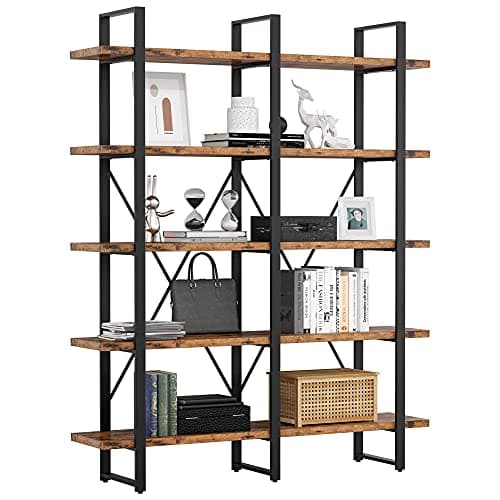 IRONCK Industrial Bookshelf and Bookcase Double Wide 5 Tier, Large Open Shelves, Wood and Metal Bookshelves for Home Office Furniture, Easy Assembly