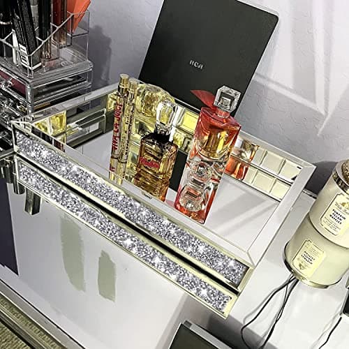 Wocred Mirror Jewelry Organizer fits Dresser Bedroom,Crushed Diamond Bathroom Tray with Handles,Perfume Tray,Decorative Serving Tray for Coffee Table Decor(11”x15”x2”) 5