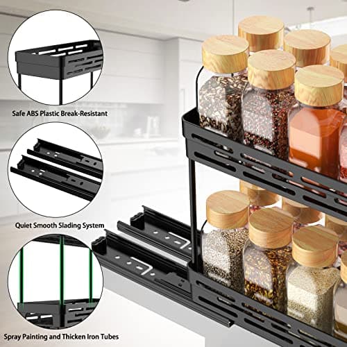 2 Pack Pull Out Spice Rack Organizer for Cabinet, Slide Out Spice Racks Organizer, Spice Cabinet Organizers, Cabinet Size Need:12'' Highx11'' Deepx5'' Wide,Hold 10 Spice Jar Each Tier-2Tier, Black 7