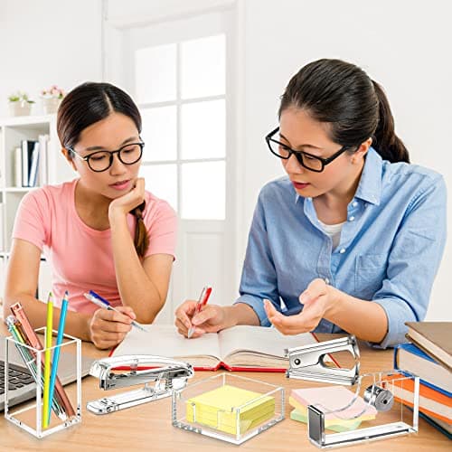 6 Pieces Clear Office Desk Accessories for Student Back to School Office Supplies Include Acrylic Tape Dispenser, Notepad Holder, Stapler, Pen Holder, Staple Remover for Student Teacher 6
