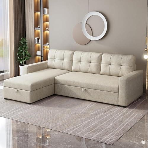 Ball & Cast Convertible Sofa Bed with Reversible Storage Chaise,Linen Sleeper Sofa Couch L Shaped Pull Out Couch Bed,Small Corner Sectional Sofa Couches for Living Room,Beige