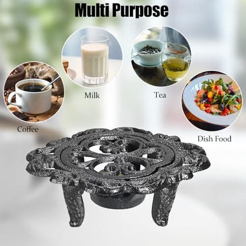 Sumnacon Cast Iron Teapot Warmer Dish Cups Heater Decorative Trivet with Tealight Holder - Rustic and Heavy Duty Tealight Candle Holder Stands - Elegant Food Warmer for Tea, Coffee, Milk 6