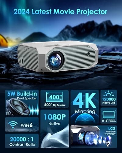 4K Projector with WiFi and Bluetooth, 20000L Native 1080P Outdoor Portable Movie Projector, 50% Zoom/400" Display, Compatible with HDMI/USB/PC/TV/PS5/DVD/Android/iOS, Christmas Gifts for Men and Women 2