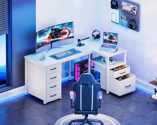 Coleshome L Shaped Computer Desk with 6 Drawers & Power Outlet, 55 Inch Corner Desk with Reversible Storage Shelf & File Drawer, Home Office Desk, White 9