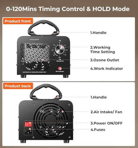 Ozone Generator 48,000mg, Commercial Ozone Machine Odor Removal, High Capacity O3 Ionizer Air Purifier Deodorizer, Portable Mini for Car, Home, Smoke, Pets, Industrial, for 4000 Square Feet -Black 9