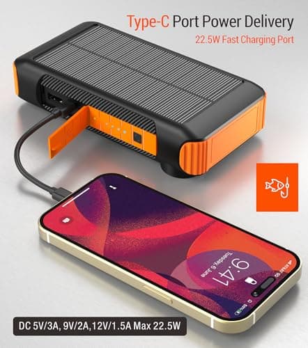 OOPOWEROO Solar Power Bank 20000mAh Built in Hand Crank and 4 Cables 22.5W Fast Charge Power Bank 5 Outputs & 5 Inputs Solar Portable Charger, SOS/Strobe/Strong Flashlights, Carabiner (Orange) 6