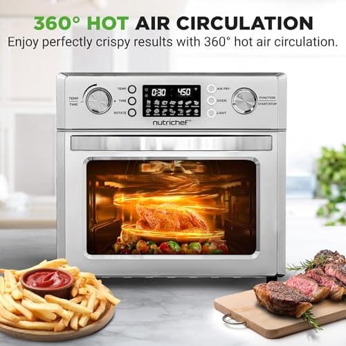 NutriChef 26QT Air Fryer Oven | Countertop Convection Toaster & Air Fryer | 360° Rotisserie Feature | 10 Digital Presets | Includes Drip Tray, Air Frying Basket & Bake Rack 15x16x14 | Stainless Steel 6