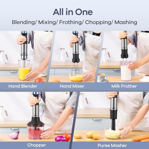 Ganiza Immersion Blender Handheld, 6 in 1 Hand Blender Stainless Steel Blade, 15 Speed Stick Blenders Electric, 800ml Mixing Beaker, 600ml Chopper, Whisk, Frother, Potato Masher 8