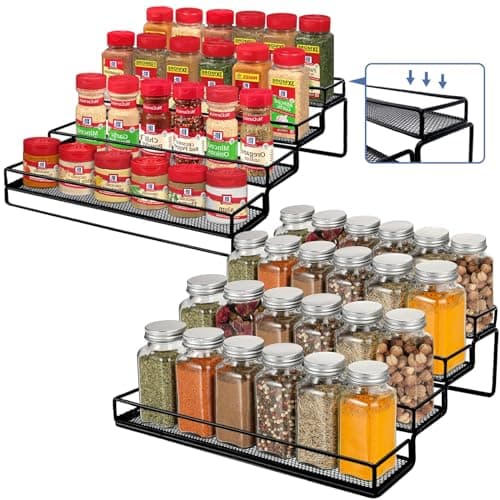 IFELS Spice Rack Organizer for Cabinet, 4 Tier Seasoning Organizer, Expandable Shelf,Step Storage Holder, Kitchen Cabinet Countertop,with Protection Railing, Metal (Black,4 Tier,2Pack)