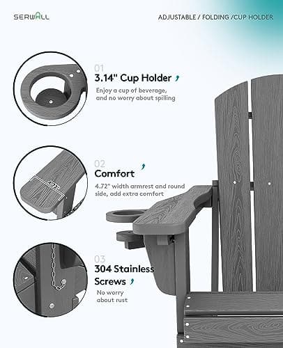 SERWALL All Weather HDPE Outdoor Adirondack, Gray 4