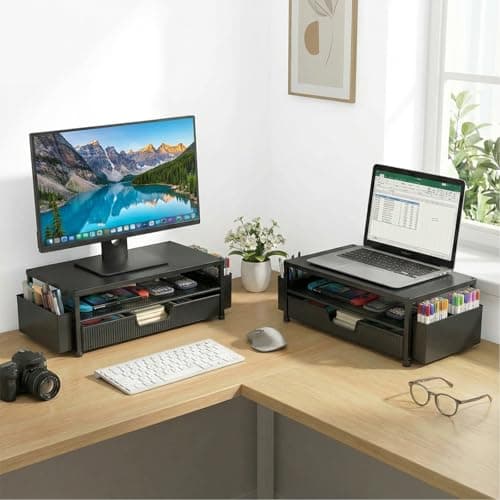 ECOLOVI Desk Organizer and Accessories, 2-Tier Computer Monitor Stand Rise with Storage Drawer & 2 Pen Holders, Laptop & Printer Stand for Desktop, Workspace Organizers for Office Supplies (Black) 6