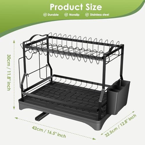 Dish Drying Rack, Dish Rack 2 Tiers for Kitchen Counter, Space-Saving Large Dish Rack with Drain Kitchen Organizer and Storage Rack with Drainboard, Screw-Free Mounting (Black) 6