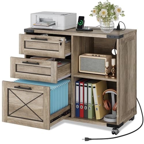 DEVAISE Wood File Cabinet with Charging Station, Mobile Lateral Filing Cabinet with Lock for Home Office, Printer Stand with Open Storage Shelves, Gray Oak