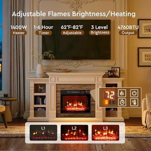 LGHM 72" Electric Fireplace with Mantel, Fireplace TV Stand for TVs Up to 80 Inch, Modern Entertainment Center with Storage, Fireplace Heater Insert with Realistic 3D Flame for Living Room, Bedroom 5