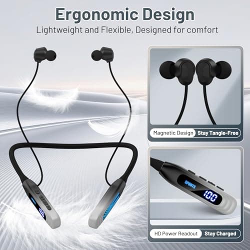 Podity Neckband Bluetooth Headphones, 1000H Extra Battery Life with Display Magnetic Earphones,Wireless Stereo Earbuds with Microphone, Waterproof in-Ear Headset for Sports/Workout/Office (Silver) 7
