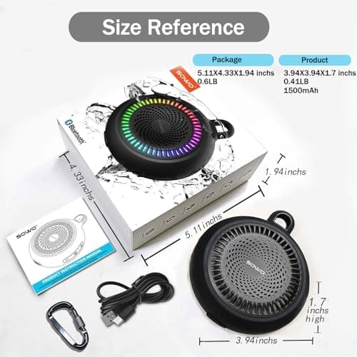 SOWO Shower Speaker Bluetooth Waterproof | Small Portable Wireless Bluetooth Speaker with Clip | Powerful Bass and Louder Volume | Colorful Lights and Lightweight | for Bathroom,Travel,Beach | Black 7