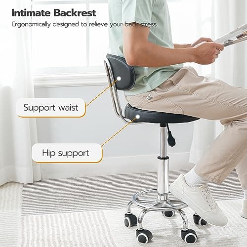 HOOBRO Height Adjustable Rolling Stool, 360° Rotating Drafting Chair, Multi-Purpose Office Desk Chair, Rolling Swivel Salon Stool Chair, for Barber Shop, Nail Salon, Office, Black SB01BY01G1 6