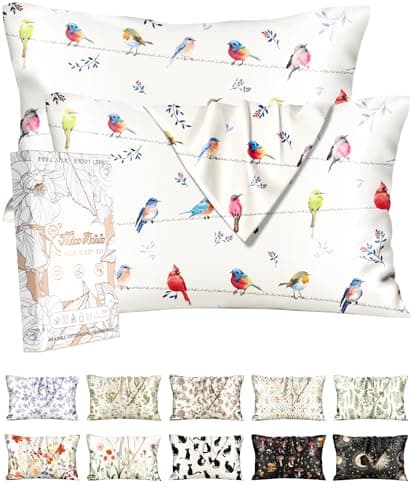 Miss Adola 2 Pack Silk Pillowcase - 20x36 Inch King Size Silk Pillow Case with Hidden Zipper for Women Lady Smooth Soft Breathable Cute Design Pillowcase for Hair and Skin, Watercolor Bird