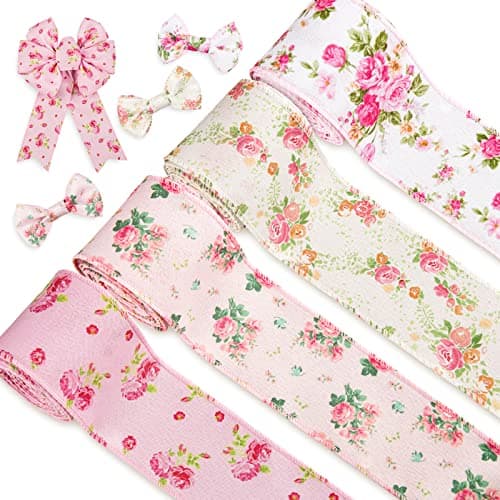 Whaline Pink Floral Wired Edge Ribbon 4 Rolls Rose Flower Fabric Ribbon Spring Summer Decorative Wrapping Ribbons for Mother's Day Hair Bow Sewing Wreath Crafts, 20 Yard, 2.5 Inch