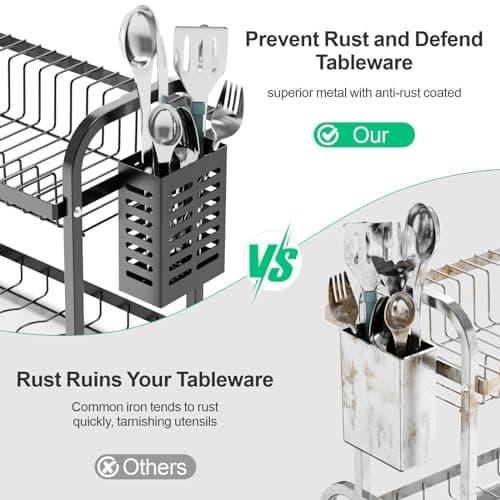 Swedecor Dish Drying Rack - 2 Tier Dish Rack with Drain Spout, Rust Resistant Dish Drainer with Cup Holder and Utensil Holder for Kitchen Countertop Small Saving Space, Black 5
