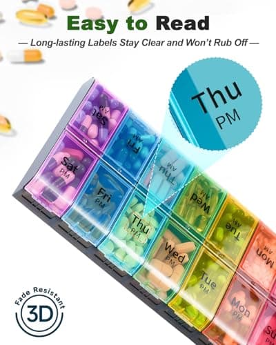 Extra Large Pill Organizer 2 Times a Day, Weekly XL AM PM Pill Case, 7 Day Pill Box Twice a Day, Oversized Daily Medicine Organizer for Vitamins, Big Pill Container, Medication Dispenser (Rainbow) 5
