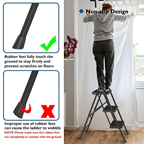 BONTEC 3-Step Ladder, Folding Step Stool, 600lbs Max Load Capacity, Sturdy Steel, Non-Slip Pedals, Lightweight, Portable Steel Ladder with Convenient Handrail, Safety Design for Home & Work, Black 9