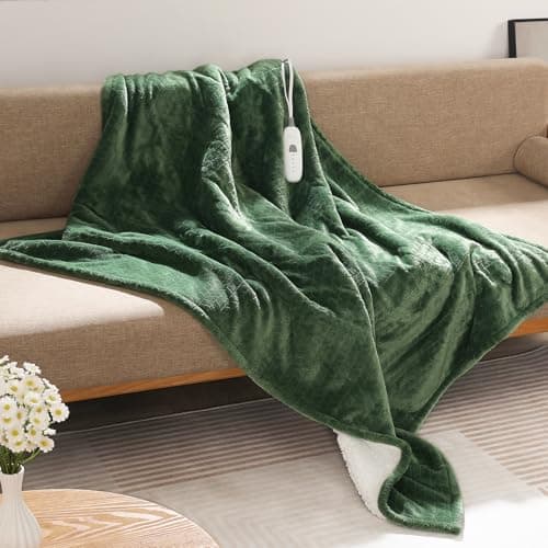 Electric Throw Blanket Heated Throw 50''x60''- Wheat Pattern Flannel & Sherpa Heated Lap Blanket with 5 Heat Settings & 4-Hour Auto Shut-Off, ETL & FCC Certified, Machine Washable Home Use, Green 8
