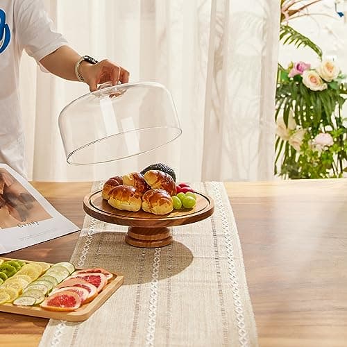 Yangbaga Glass Cake Stand with Lid,11in Wooden Rotating Cake Stand with Dome Cover, Cake Plate Display Server Tray for Birthday Kitchen Party 6