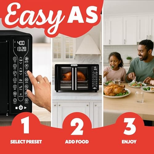 Gourmia French Door Air Fryer – 25 Qt Large Capacity Convection Oven, Fryforce 360°, Digital Display with 17 Cooking Presets, Bake, Toast, Roast, Dehydrate, Fits 12” Pizza 9