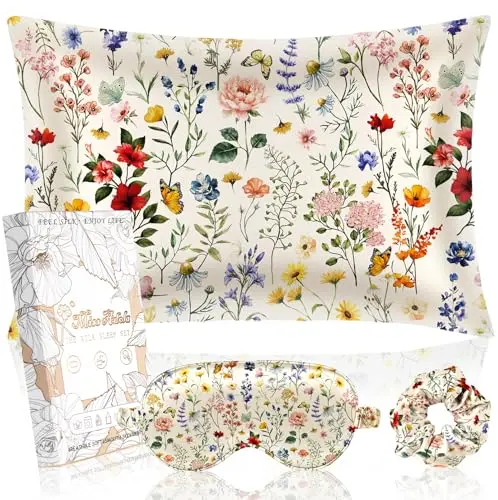 Miss Adola 1Pack Mulberry Silk Pillow Case for Hair and Skin Standard 26"x20" Silk Pillowcase with Eye Mask & Scrunchie Soft Silk Pillowcase Sleeping for Women, Wife, Female - Flower Floral