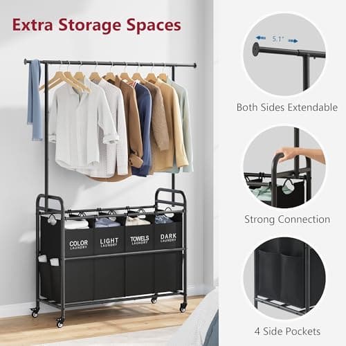 Tajsoon Laundry Sorter Cart with Hanging Clothes Rack, 4 Butler Sorter Basket Organizer, Laundry Hamper Cart with Heavy Duty Rolling Lockable Wheels, Black 5