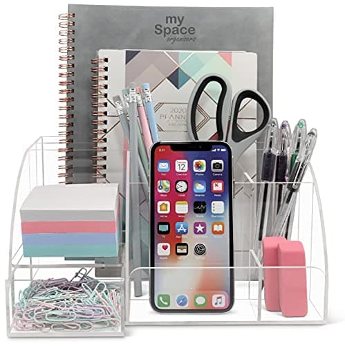 My Space Organizers Clear Acrylic Desk Oganizer, 9 Compartments, Office Supplies and Desk Accessories Organizer, Home Decor Desktop Organizer (Clear) 8