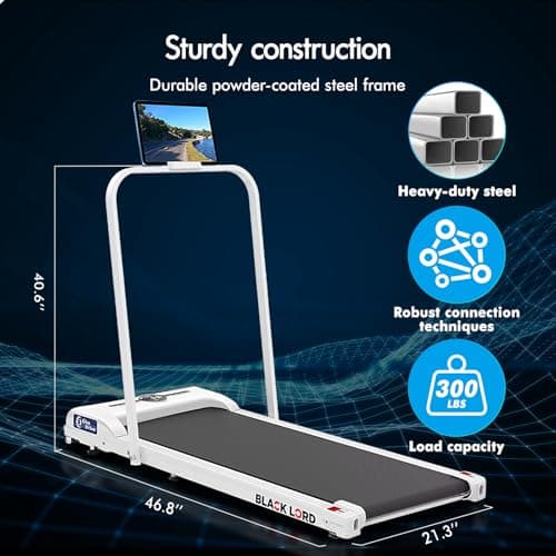 BLACK LORD Walking Pad with Handle Bar, 2.7 HP Quiet Foldable Under Desk Treadmill with Bluetooth Speaker, Portable Running Treadmills for Home, LED Display, App/Remote Control, 330lbs Capacity, White 9