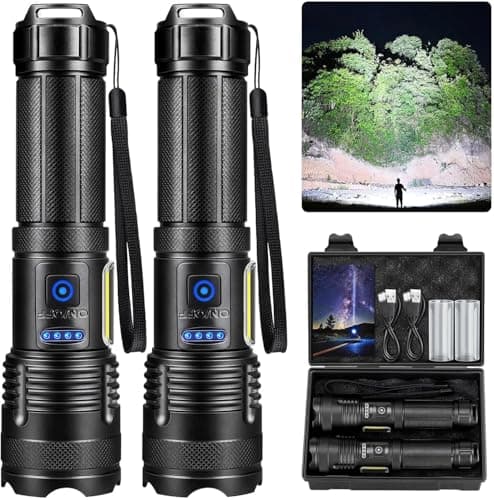 KINGCAESAR Flashlights 90,000 High Lumen - 2 Pack, Ultra Bright Rechargeable Flashlight with 7 Light Modes, LED Flash Light with High Power Battery, IPX7 Waterproof for Home Camping